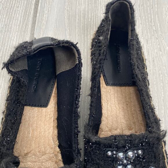 Tory Burch Womens Black Willa Tweed Pearl Logo Espadrille Slip On Flats Size 7.5 - Picture 2 of 10